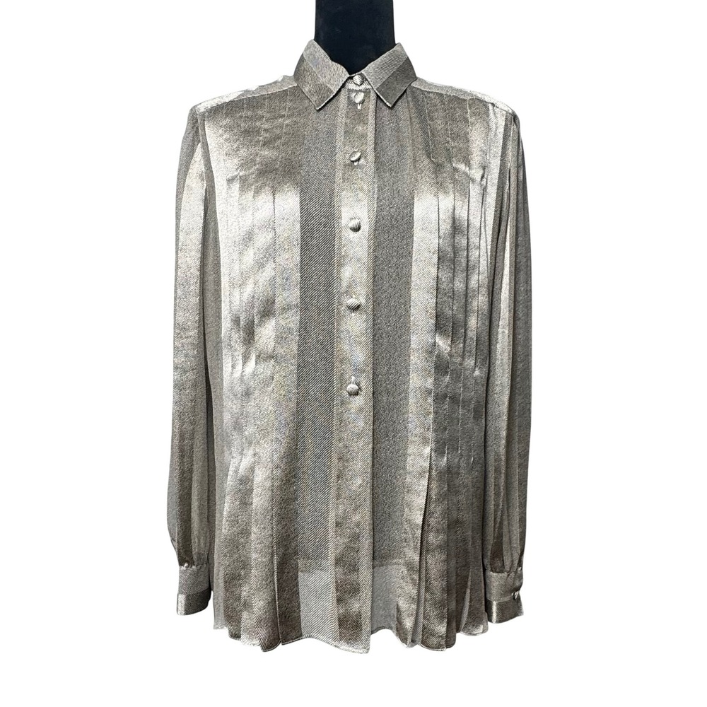 Vintage Lady Napoleon Trump Tower New York Silver Metallic Button Blouse est. XL